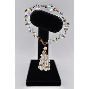 Vintage Crystal Tassel Bracelet Aurora Borealis Sparkling Dangle 1950s Bin7
